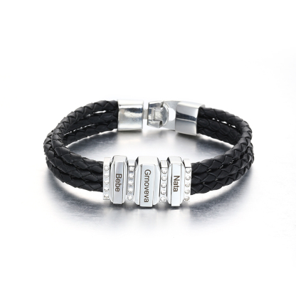 Mens Leather Bracelet with Customised Beads Personalised Three Layer Bracelet Engraved 3 Names-Jessemade AU