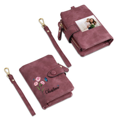 Personalised Women's Leather Wallet Custom Birthday Flower & Name & Photo Wallet Gift for Her