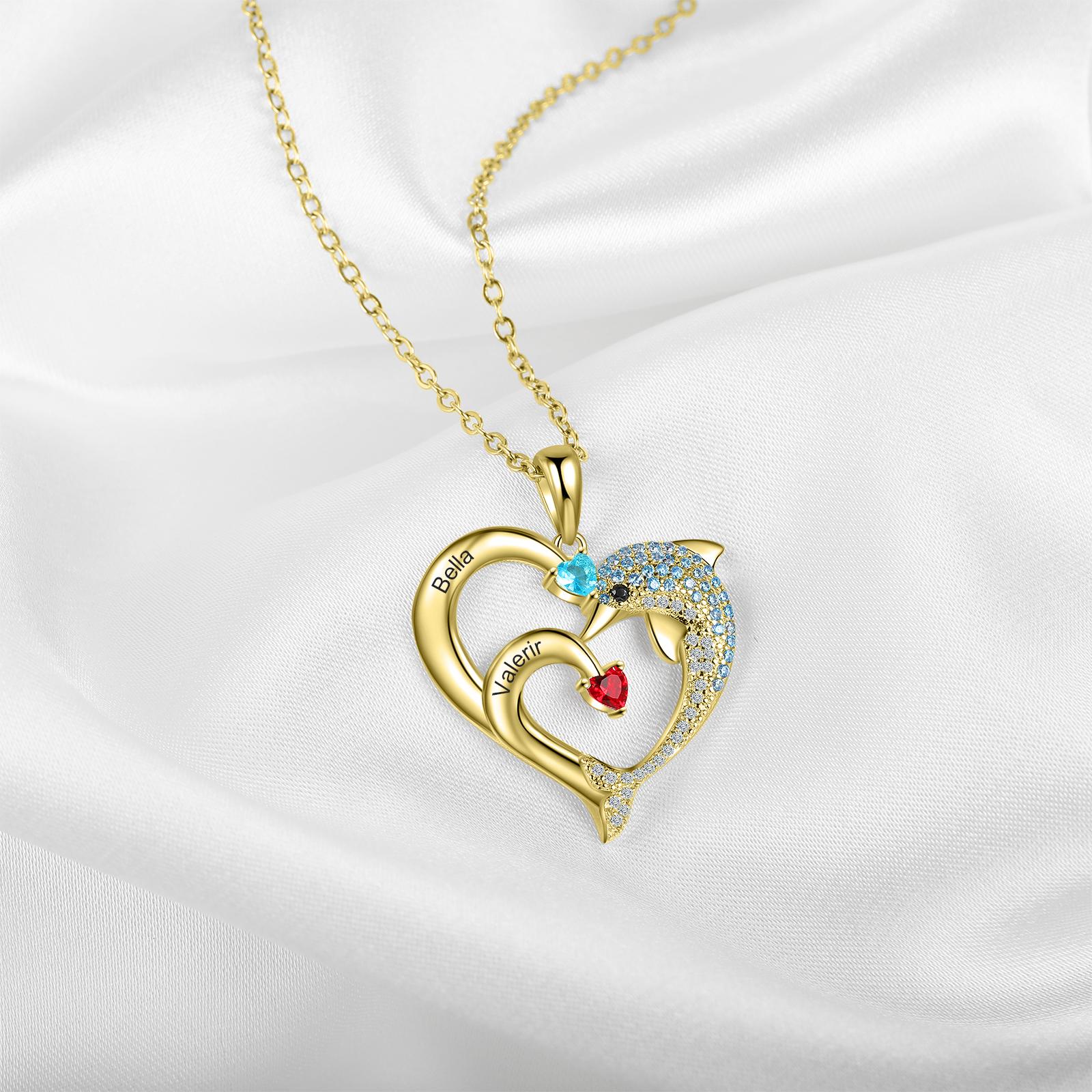 Personalised Heart Dolphin Necklace With 2 Birthstones Engraved Names Gift For Mum-Jessemade AU
