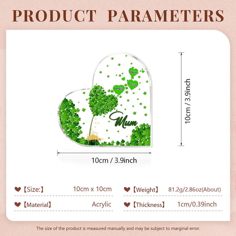 3 Names - Personalised Acrylic Heart Keepsake Custom Text Four-Leaf Clover Ornament Gift for Mother/Grandma-Jessemade AU