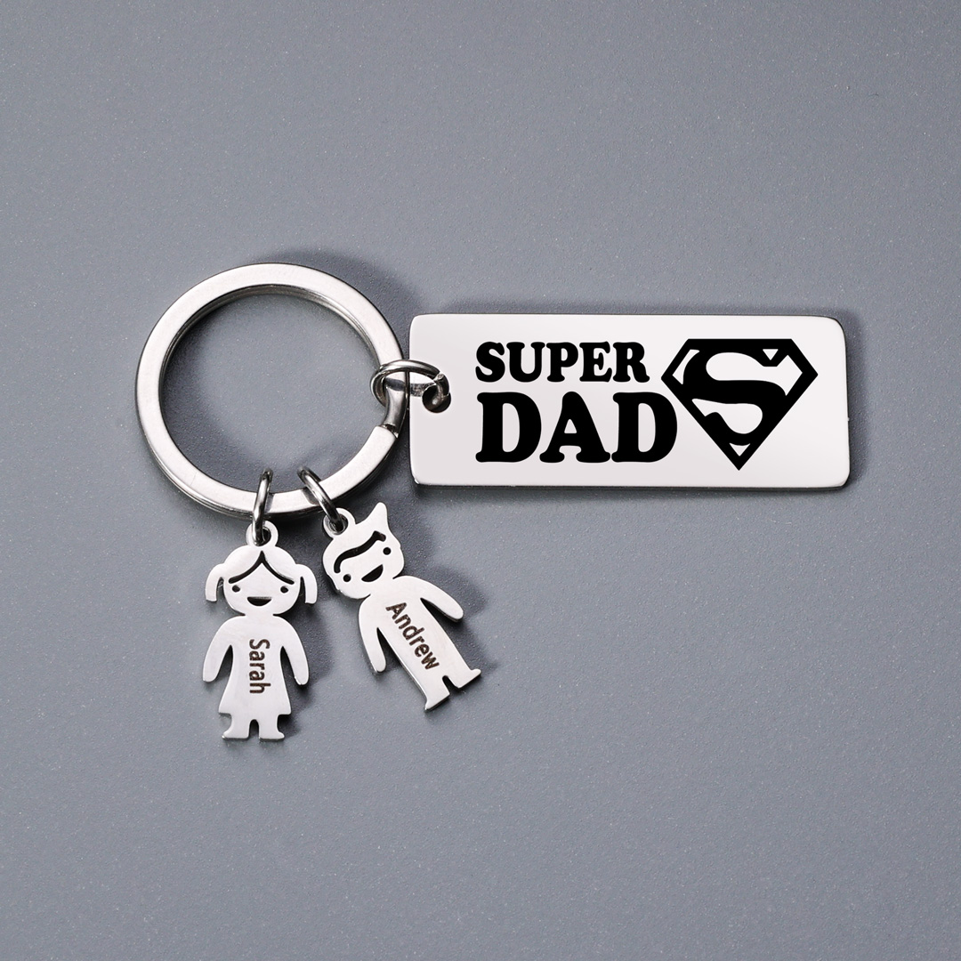 Father's Day Gift Personalised Super Dad Keychain Engraved 2 Kid Charms-Jessemade AU