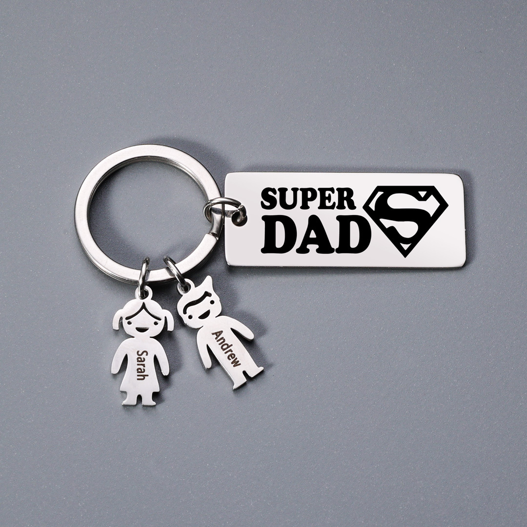 Father's Day Gift Personalised Super Dad Keychain Engraved 2 Kid Charms-Jessemade AU
