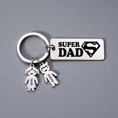 Father's Day Gift Personalised Super Dad Keychain Engraved 2 Kid Charms-Jessemade AU