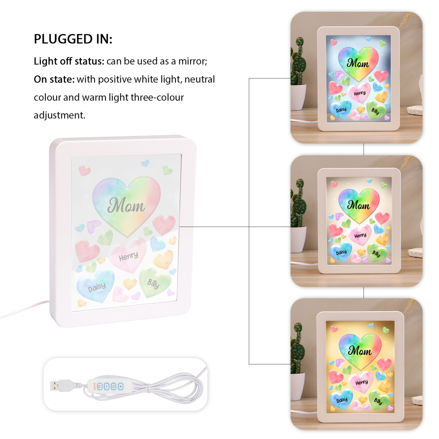 Personalised Night Light Mirror Frame Custom 1 Text & 3 Names Colourful Hearts Family LED Lamp Gift for Grandma/Mother-Jessemade AU