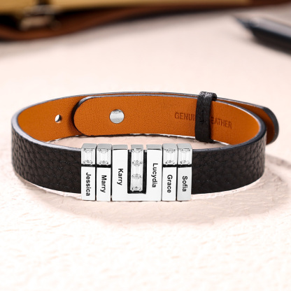 Customised Leather Bracelet with Beads Engraved 5 Names Bangle for Him-Jessemade AU