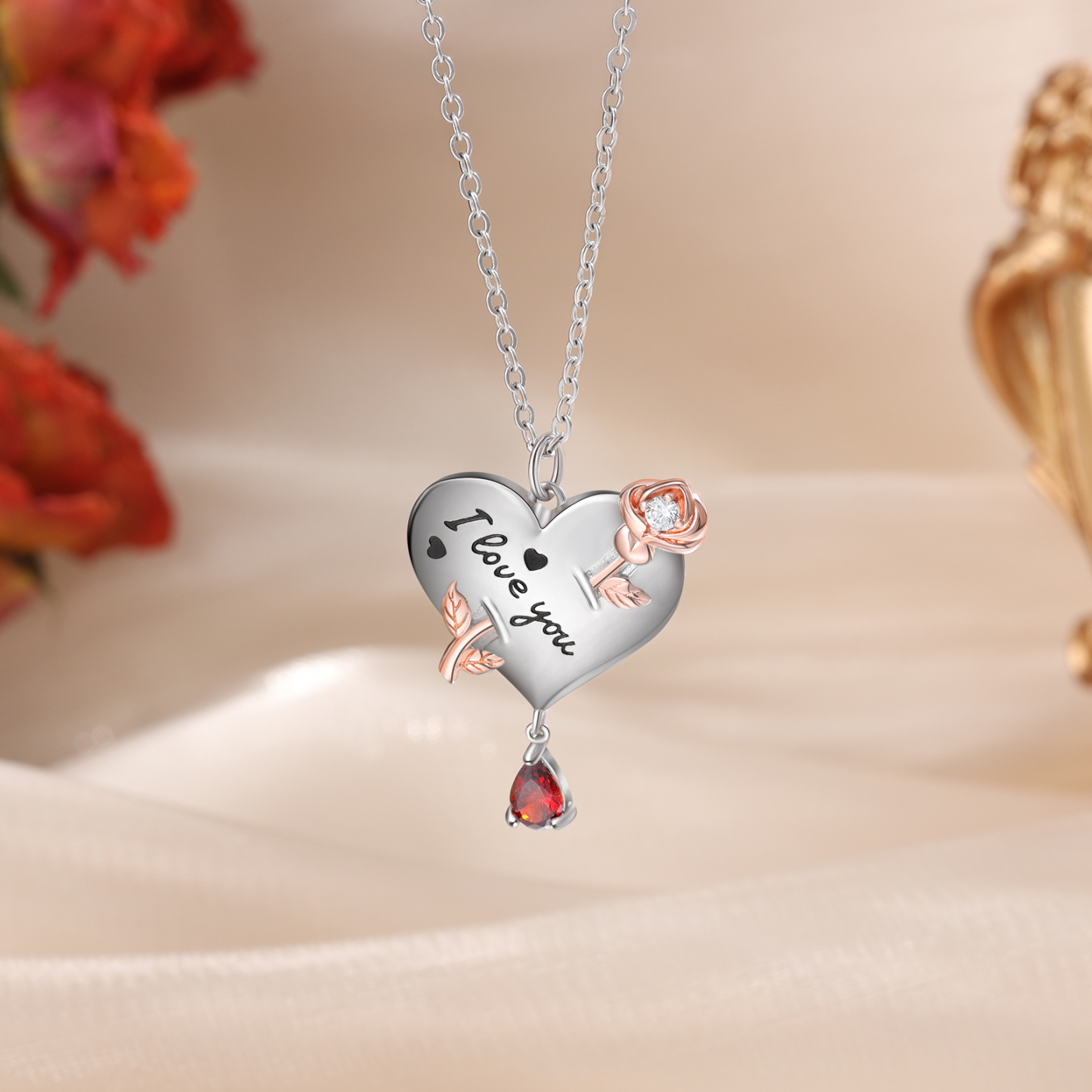 Personalised Heart Rose Necklace With Birthstone Valentine's Day Gifts For Her-Jessemade AU