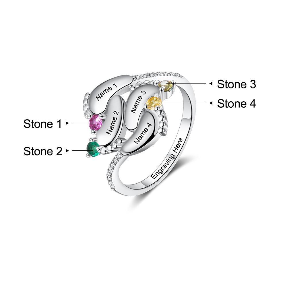 Personalised Baby Foot Ring With 4 Birthstones Engraved Names Ring Gift For Women-Jessemade AU