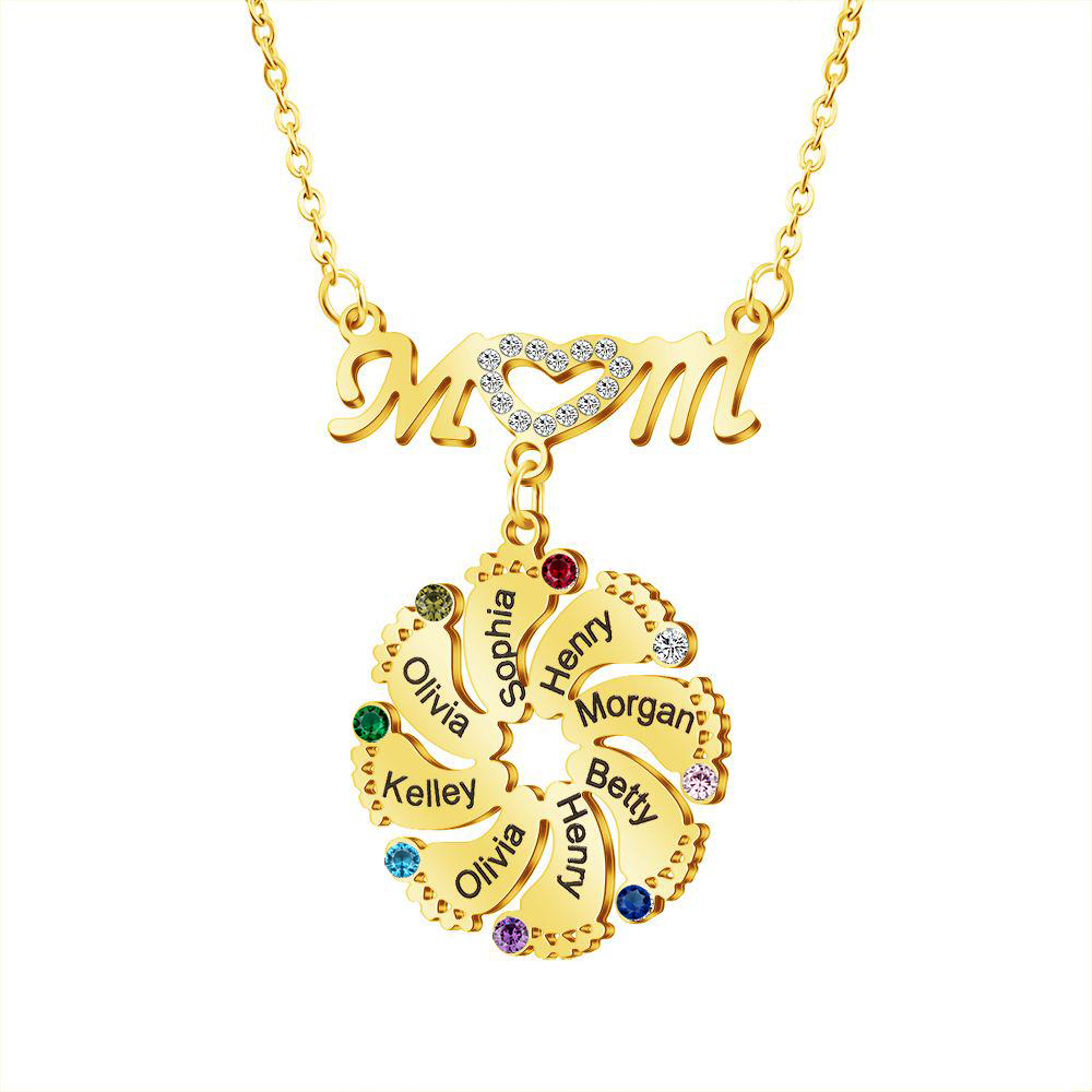 Mom Necklace Customised Baby Feet Necklace with Birthstones Engraving 8 Names Gifts for Her-Jessemade AU