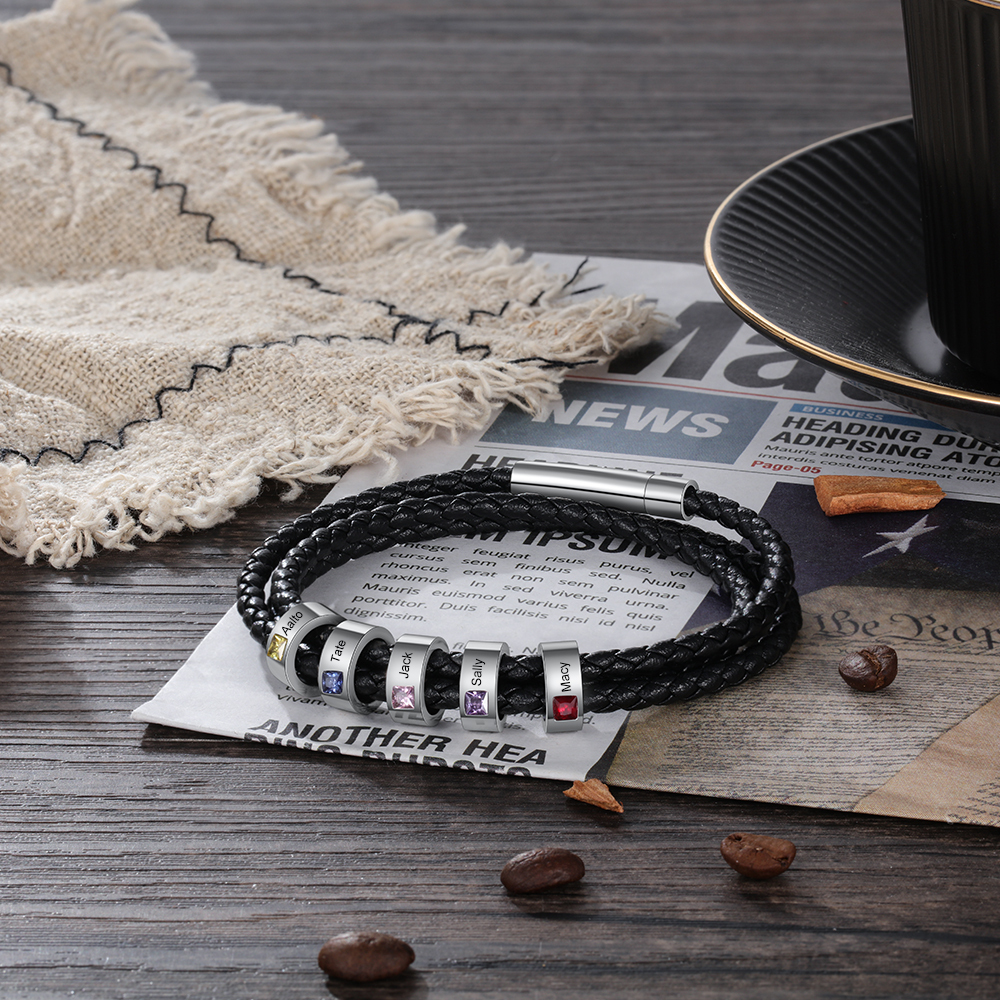 Personalised 3 Layer Leather Bracelet with 5 Beads Engraved Names Men's Bracelets for Him-Jessemade AU
