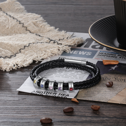 Personalised 3 Layer Leather Bracelet with 5 Beads Engraved Names Men's Bracelets for Him-Jessemade AU
