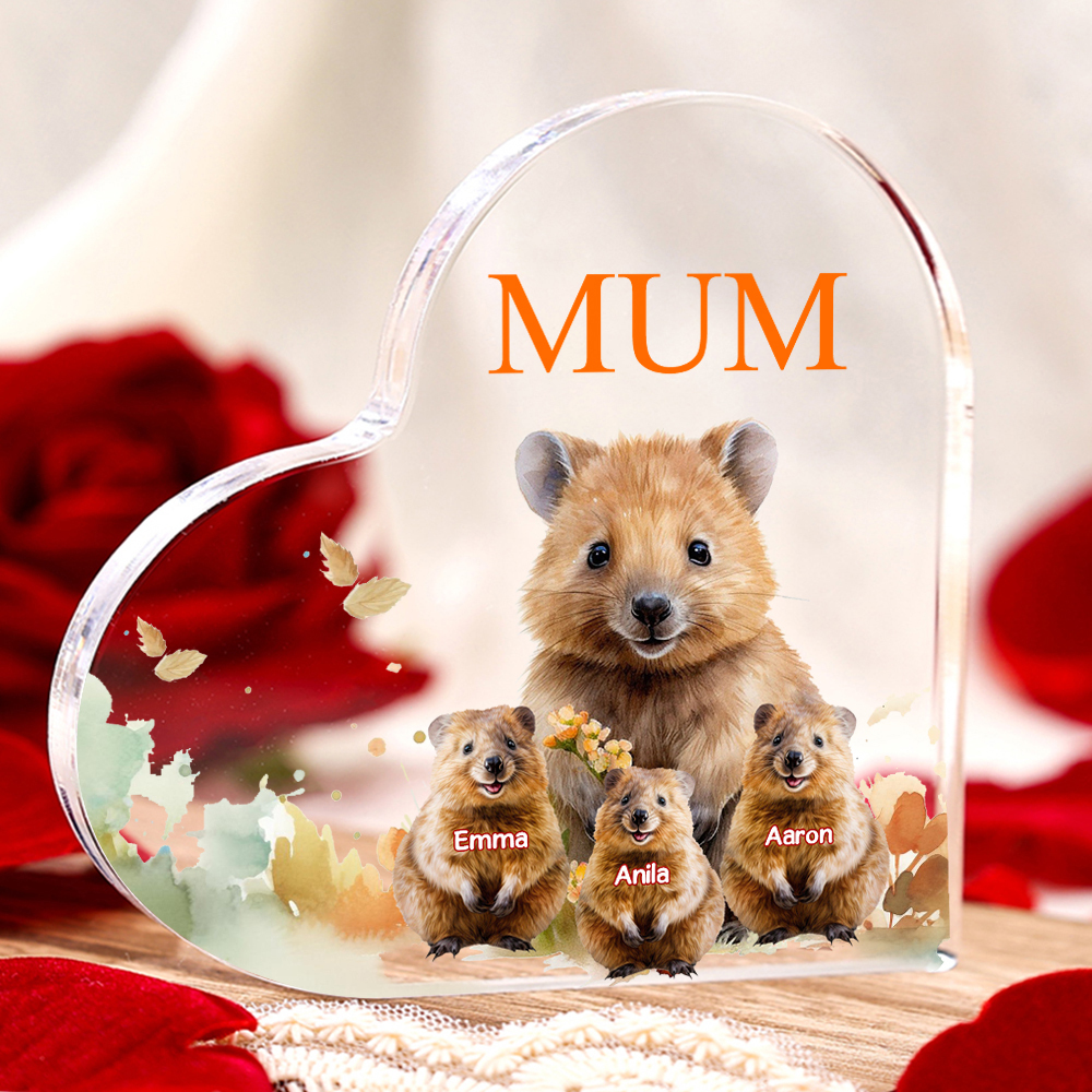Personalised Acrylic Heart Keepsake Custom 1 Text & 3 Names Ornament Quokka Family Gift for Mother/Grandma-Jessemade AU