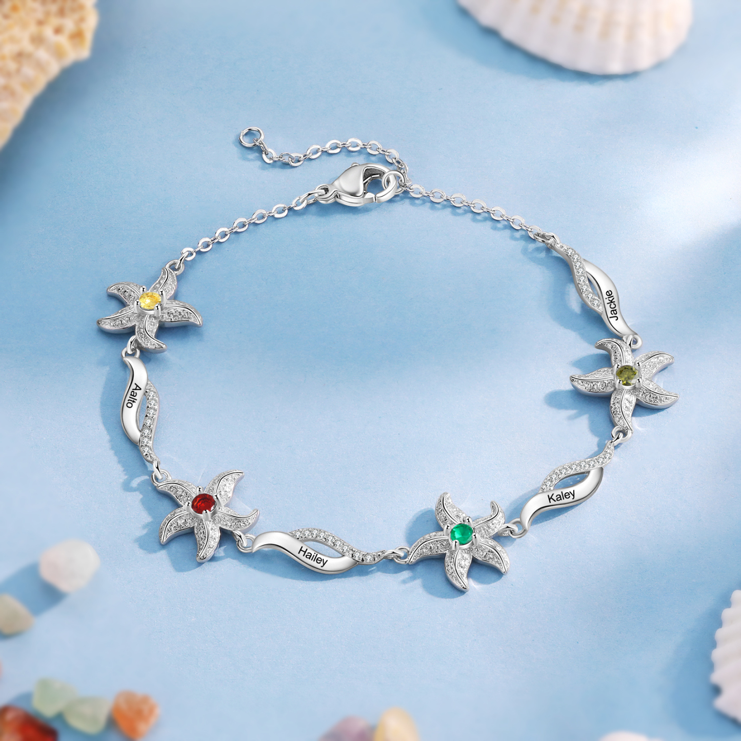 Personalised Women's Bracelet Custom 4 Birthstones Bracelet Starfish Adjustable Bracelet Mother's Day Gift for Her-Jessemade AU