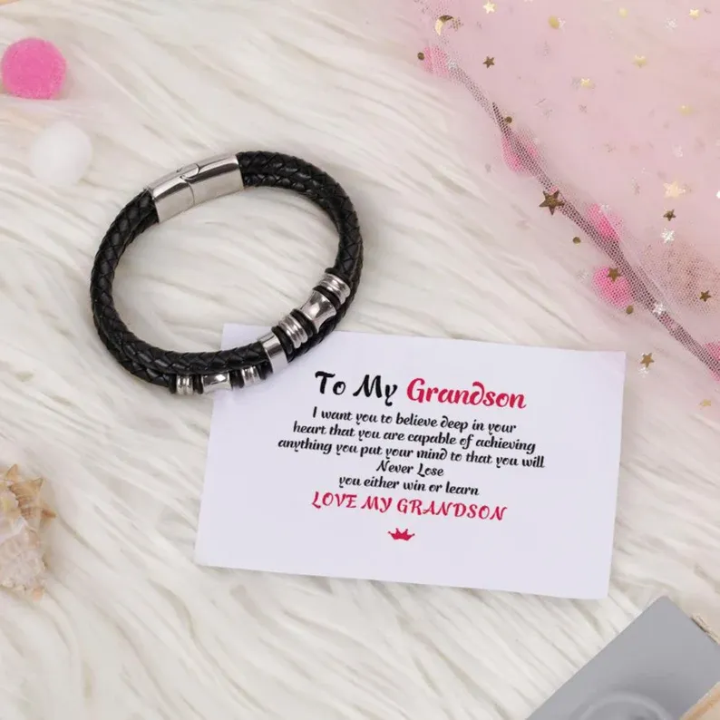 To My Grandson, Inspirational Leather Bracelet Bangle with Message Card Gifts For Him-Jessemade AU
