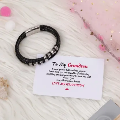To My Grandson, Inspirational Leather Bracelet Bangle with Message Card Gifts For Him-Jessemade AU