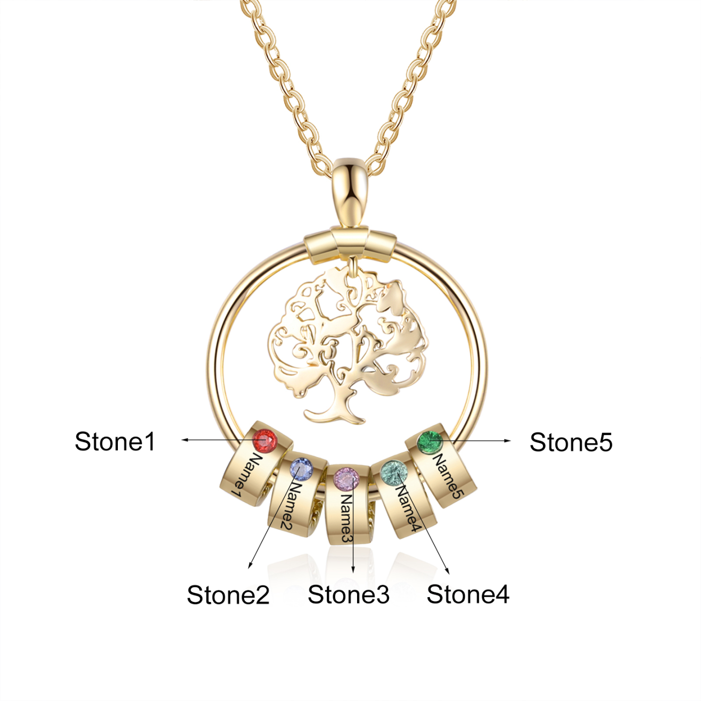 Personalised Family Tree Necklace With 5 Birthstones Engraved Names Gift For Mother-Jessemade AU