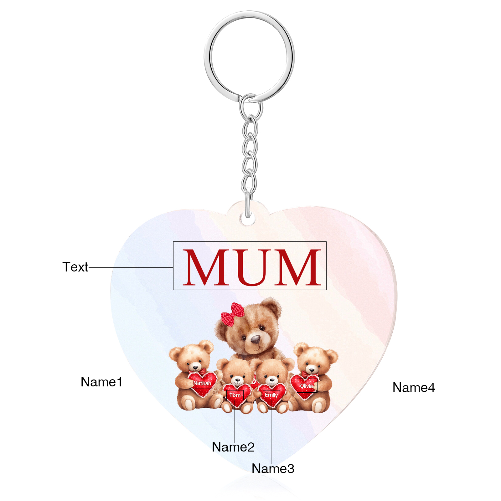 4 Names - Personalised Acrylic Keychain Custom 1 Text Teddy Bears Family Hanging Ornaments Gift for Mum/Grandma-Jessemade AU