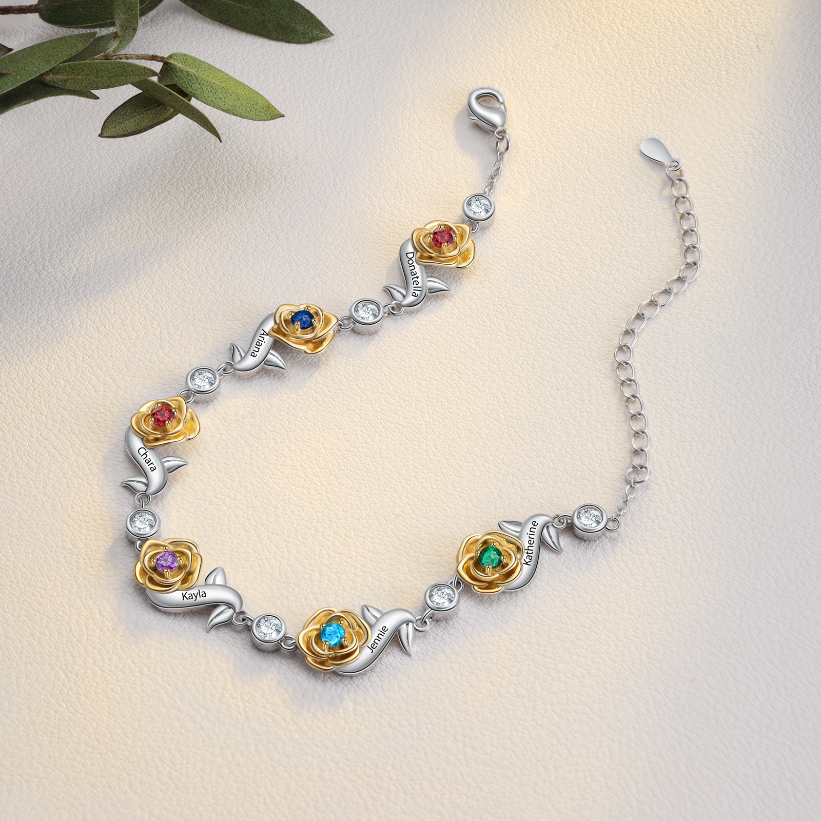 Flowers Bracelet Personalised 6 Birthstones Bracelet Engraved Names Flowers Charm Gifts For Her-Jessemade AU