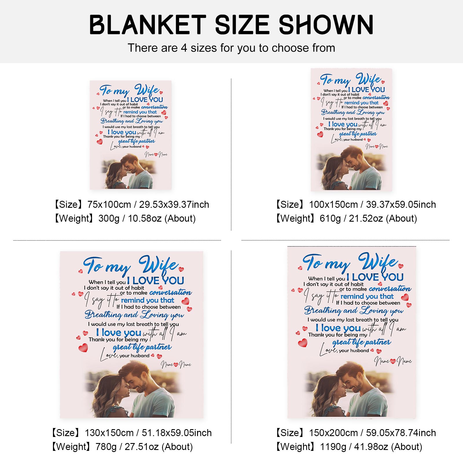 To My Wife Personalised Couple Blanket Engrave Photo Sweet Gift For Her "Thank you for being my great life partner"-Jessemade AU