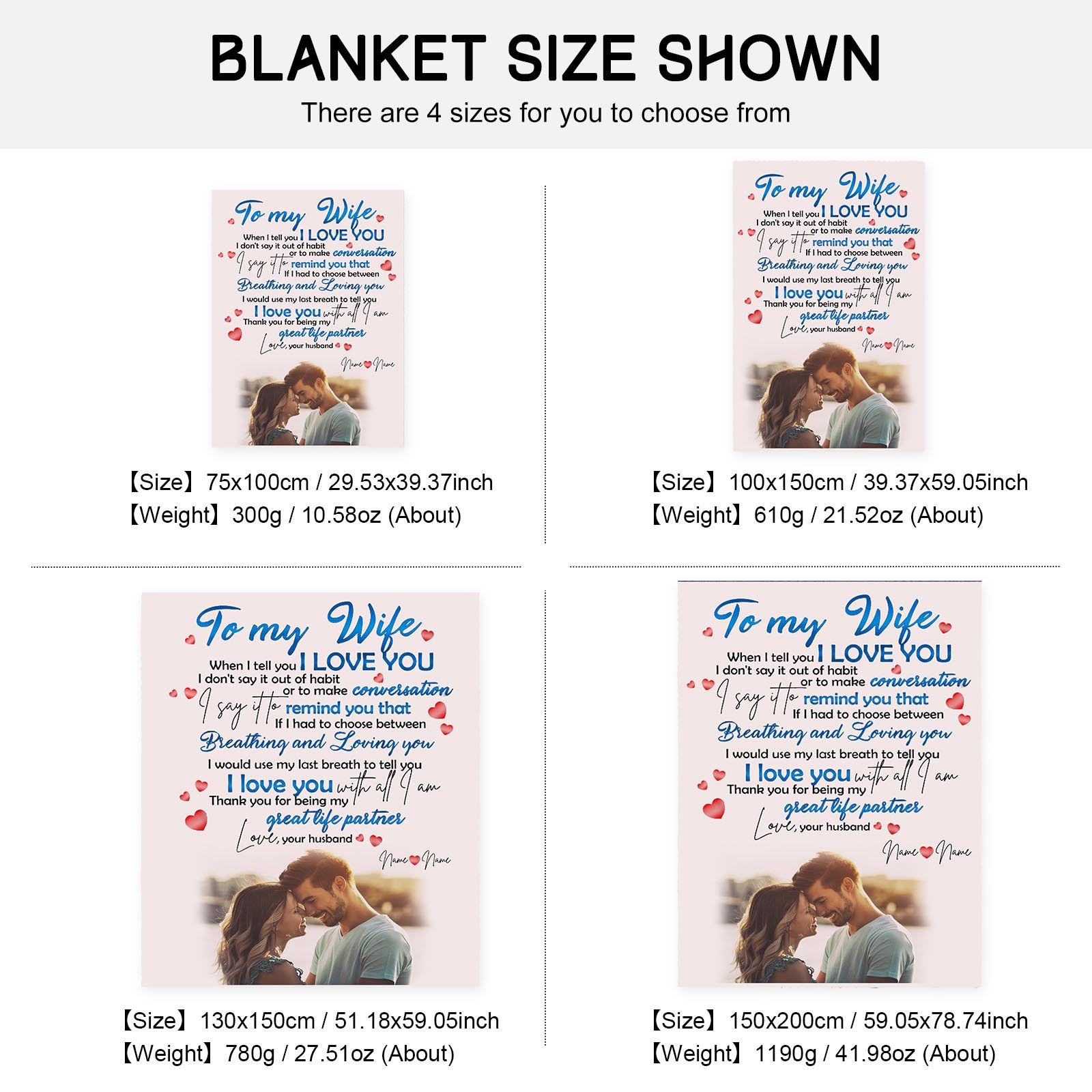 To My Wife Personalised Couple Blanket Engrave Photo Sweet Gift For Her "Thank you for being my great life partner"-Jessemade AU