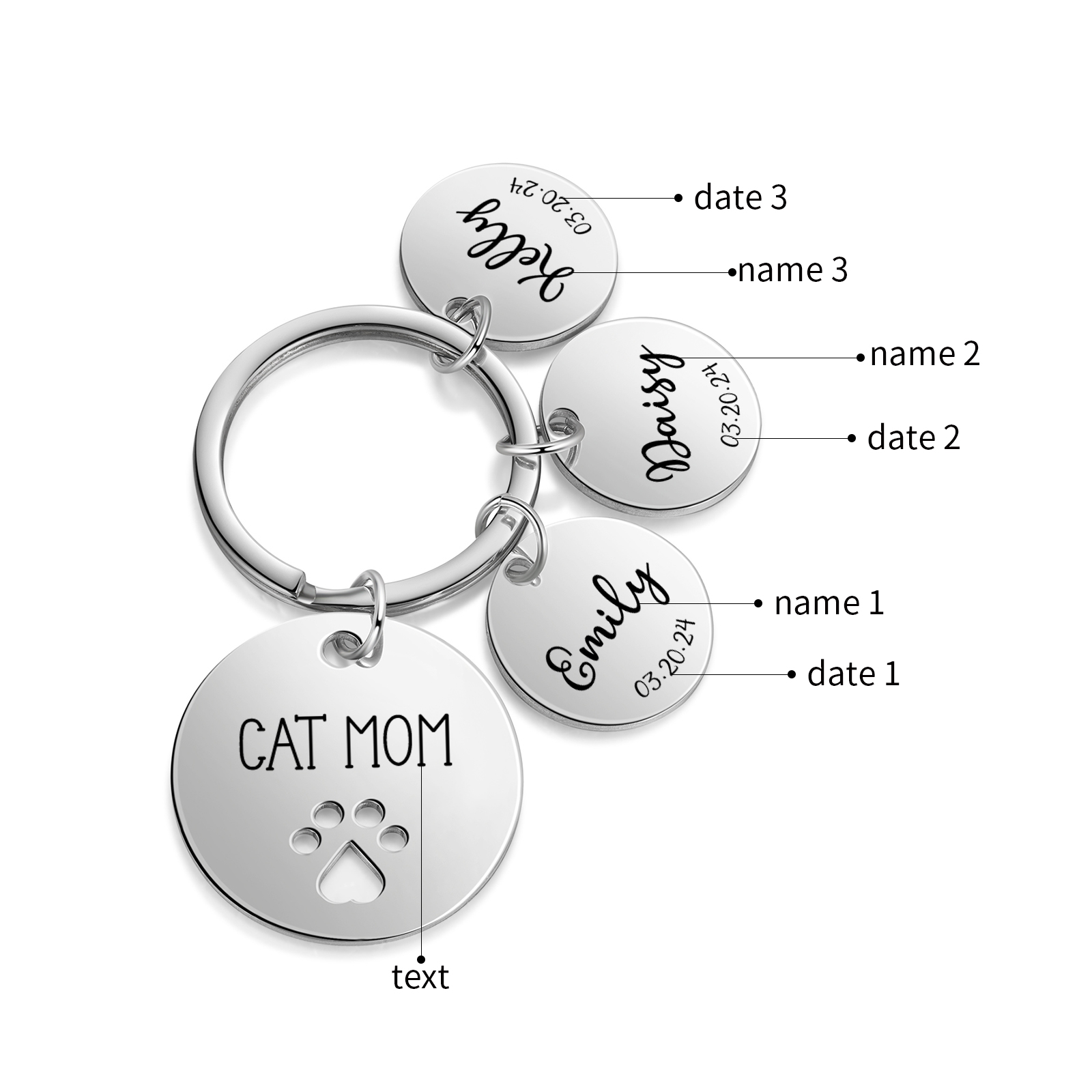 Personalised 3 Names & 3 Dates & 1 Text Keychain Cat Paw Circle Charm Keychain Gifts for Mother/Grandma-Jessemade AU