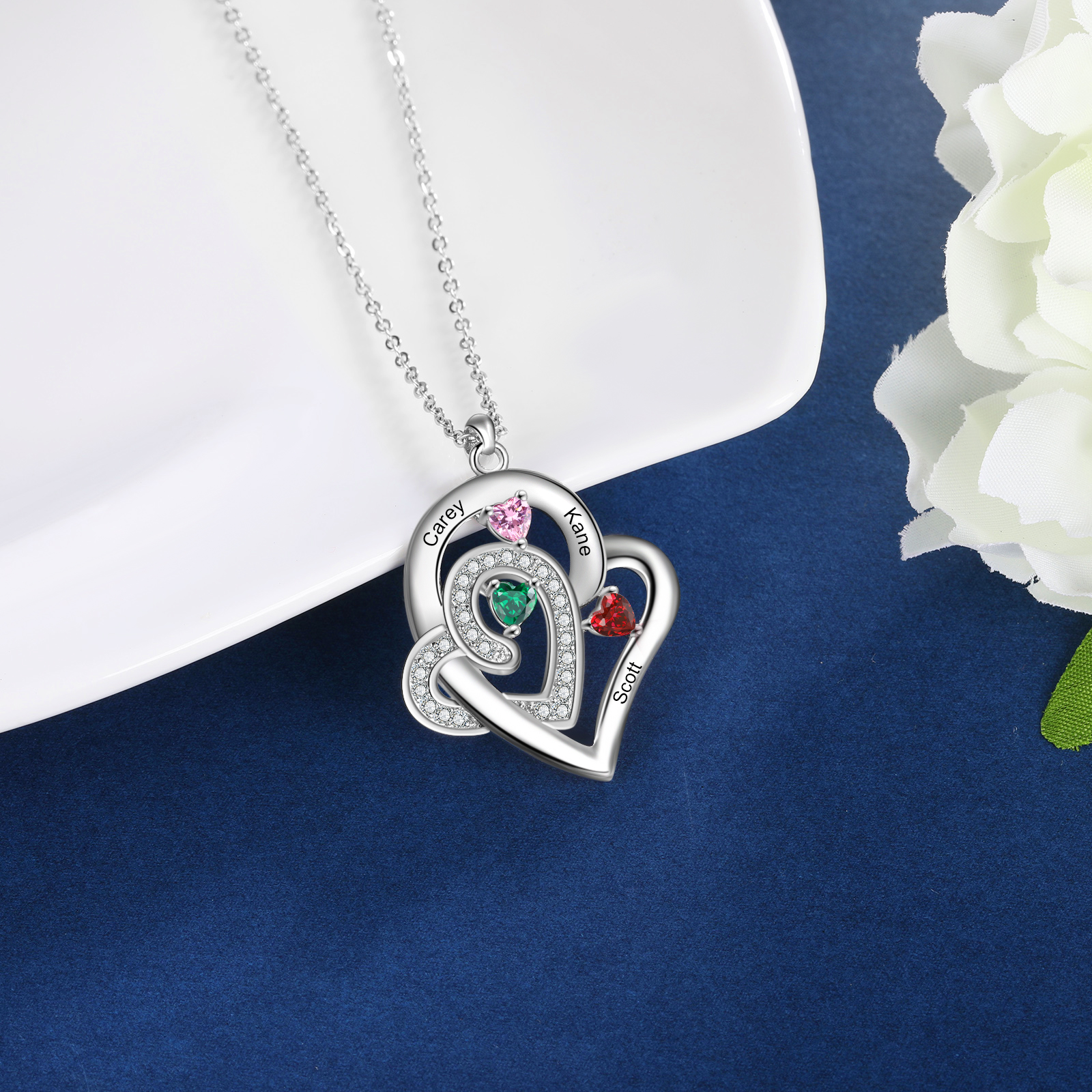 Personalised Double Heart Necklace With 3 Birthstones Custom Names Necklace Gift For Her-Jessemade AU
