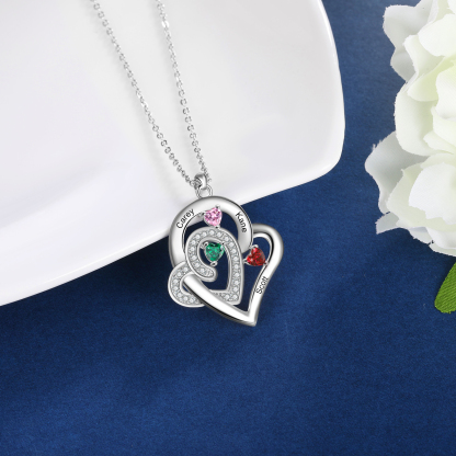 Personalised Double Heart Necklace With 3 Birthstones Custom Names Necklace Gift For Her-Jessemade AU