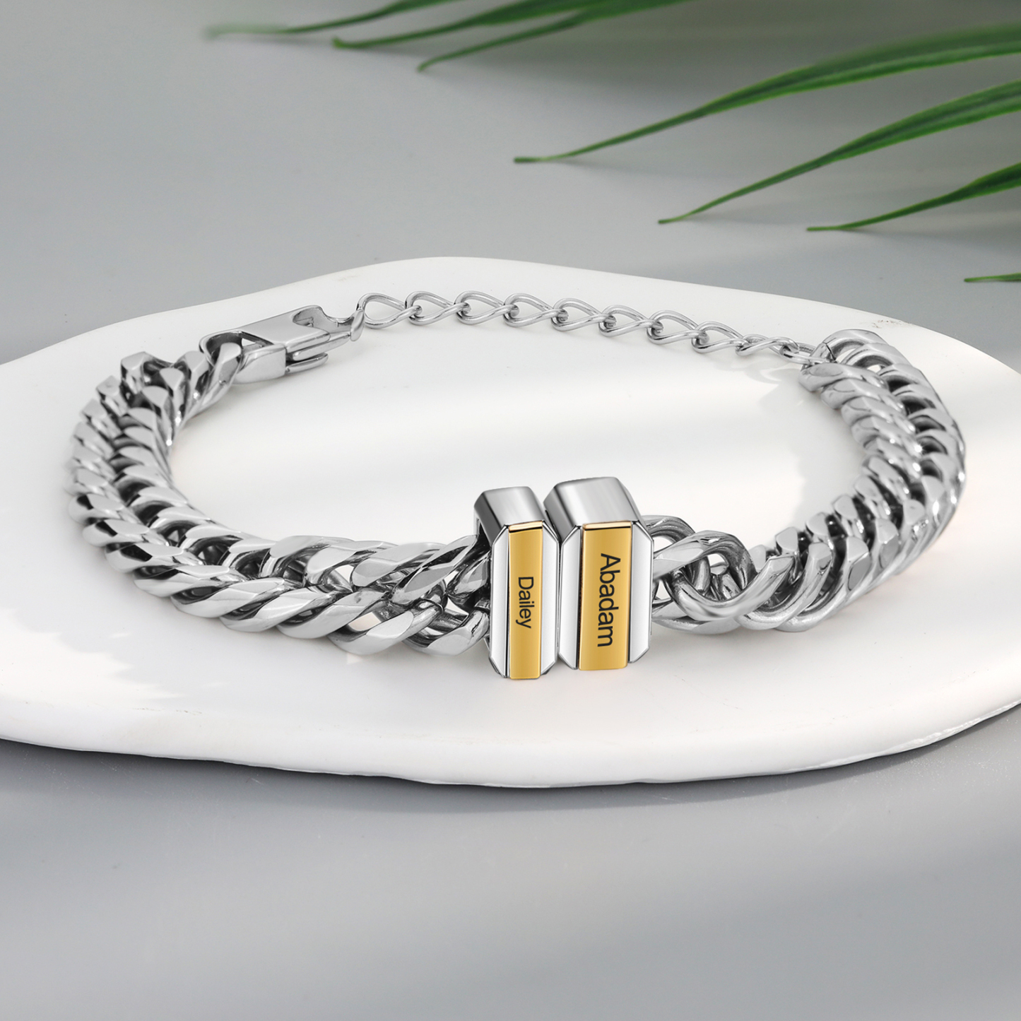 Personalised Mens Cuban Link Chain Bracelet Engraved 2 Beads Father's Day Gift-Jessemade AU