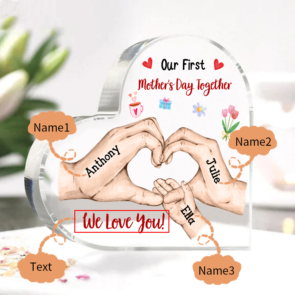 Our First Mother's Day Together - Personalised Text Acrylic Heart Keepsake Family Hands Custom 3 Names Ornaments-Jessemade AU
