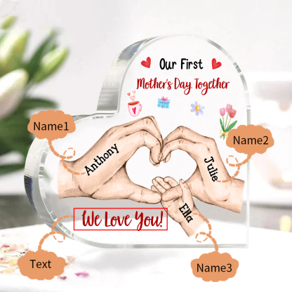 Our First Mother's Day Together - Personalised Text Acrylic Heart Keepsake Family Hands Custom 3 Names Ornaments-Jessemade AU