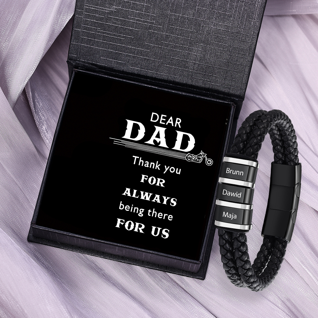 3 Names - Men's Leather Bracelet Custom Names Beaded Bracelet Adjustable Personalised Gift for Him-Jessemade AU