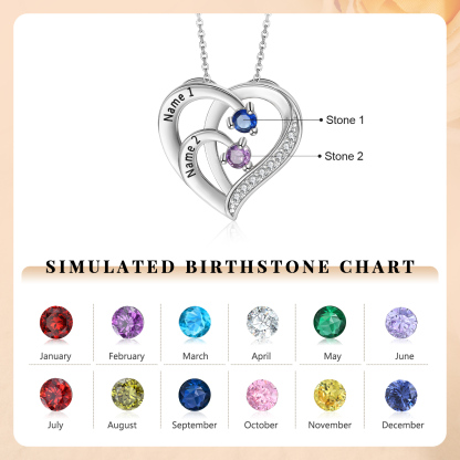 Personalised Mother Necklace Engraved 2 Names 2 Birthstone Intertwined Heart Pendant
