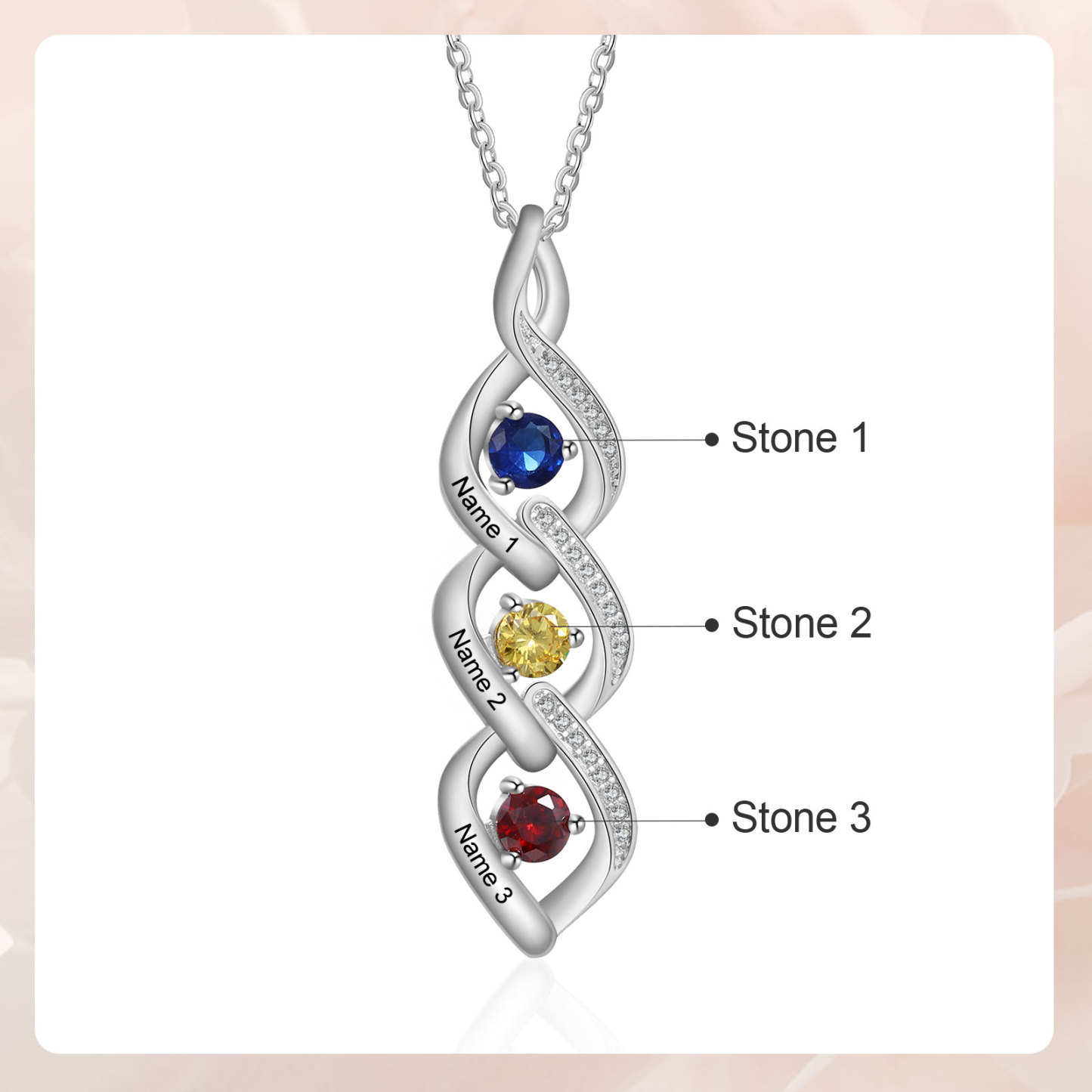 Personalised Twisted Pendant Necklace Custom 3 Birthstones & 3 Names Necklace Gifts for Her-Jessemade AU