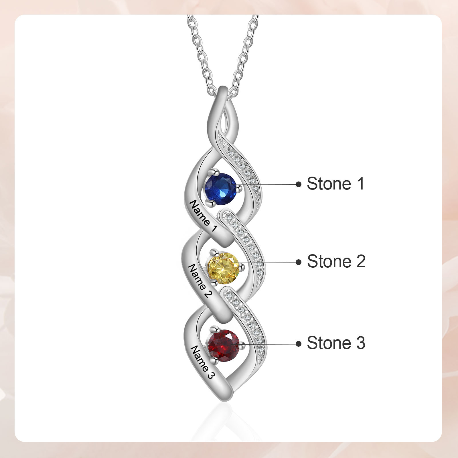 Personalised Twisted Pendant Necklace Custom 3 Birthstones & 3 Names Necklace Gifts for Her-Jessemade AU
