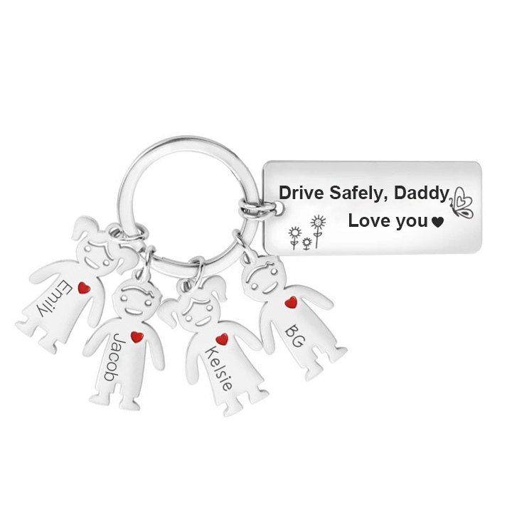 Personalised Kid Charm Keychain Engrave 4 Names Drive Safely Family Keychain-Jessemade AU