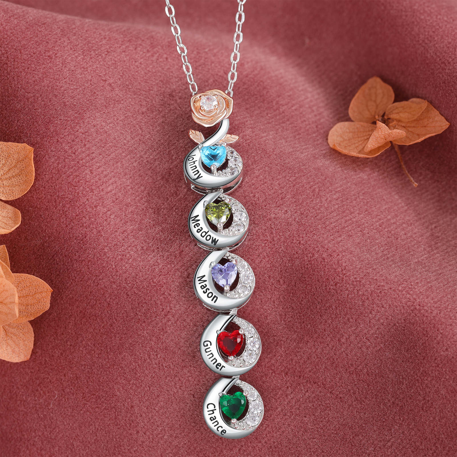 Custom Family Necklace Personalised 5 Birthstones & Names with Rose Pendant Gifts for Her-Jessemade AU