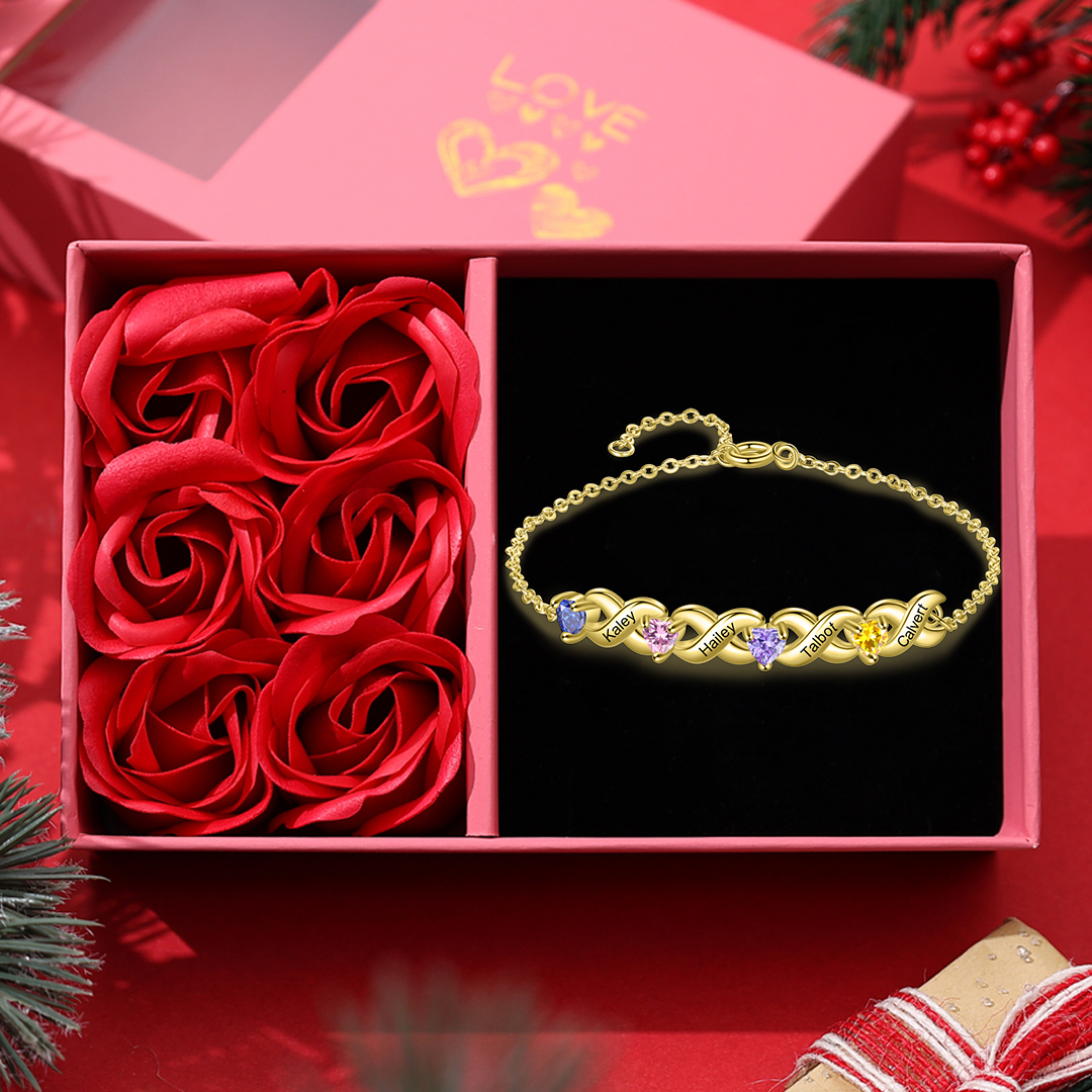 Family Custom Bracelet Heart Personalised with 4 Birthstones Gift Box Set-Jessemade AU
