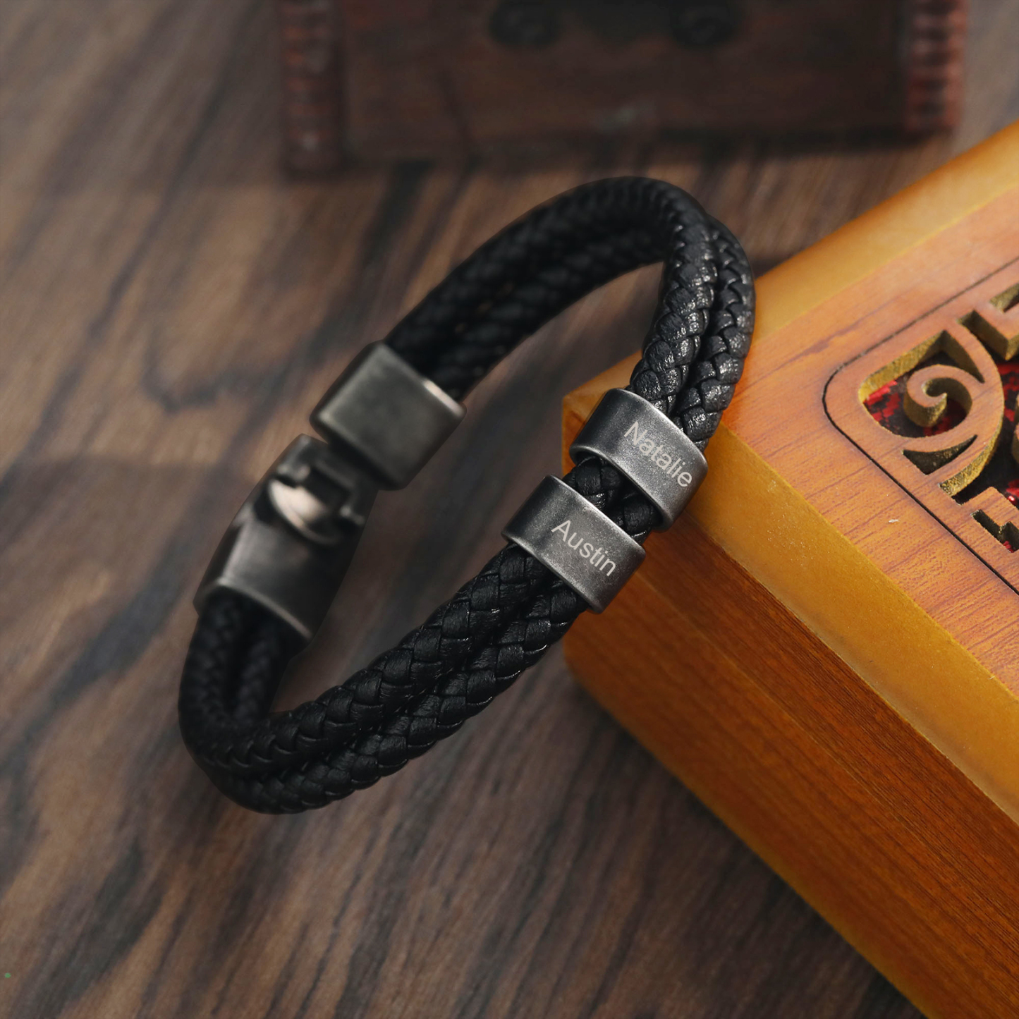 Personalised Retro Men Leather Bracelet with 2 Names Beaded Wrap Bracelet-Jessemade AU