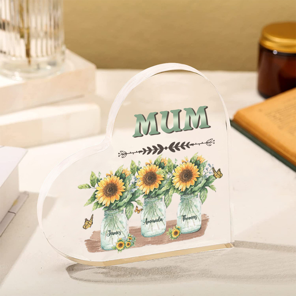 Personalised Acrylic Heart Keepsake Custom 3 Names & 1 Text Sunflower Vase Ornament Gifts for Mother/Grandma-Jessemade AU