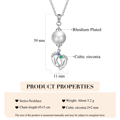 Personalised Baby Feet Pearl Necklace Custom 2 Names & Birthstones Mother Necklace-Jessemade AU