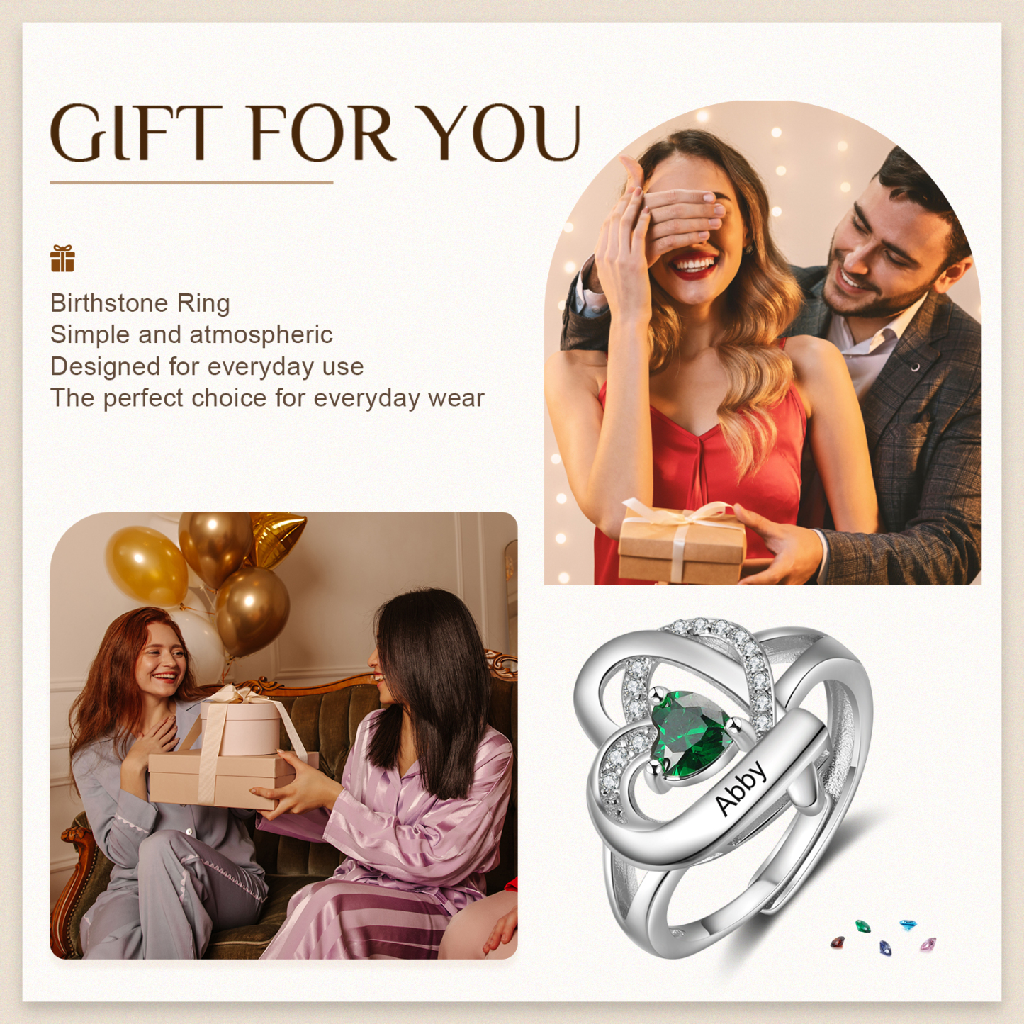 Personalised Heart Birthstone Ring Customised Name Open Ring Gift for Women Girls-Jessemade AU