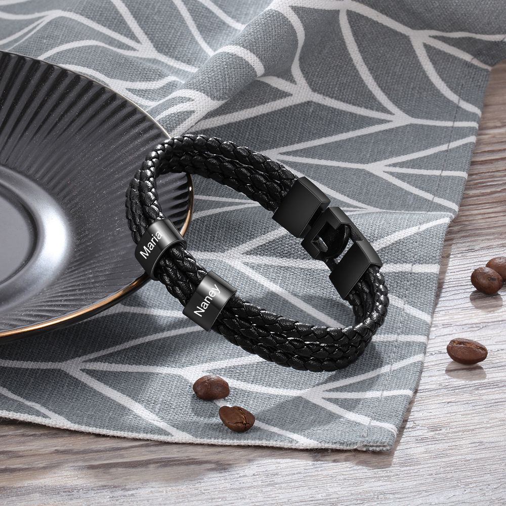 Personalised Braided Leather Bracelet Engraved 2 Names Men's Bracelet Gifts For Him-Jessemade AU