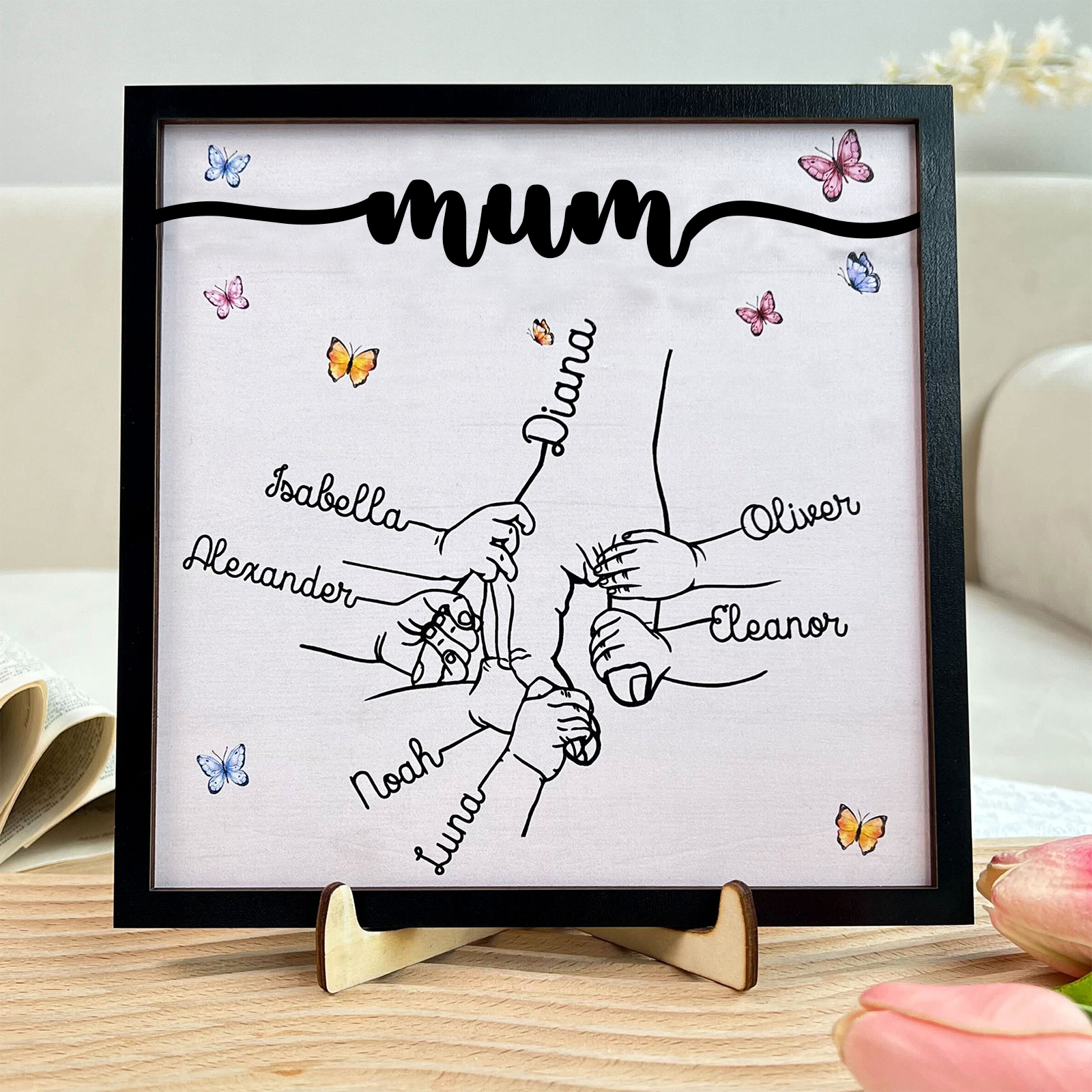 7 Names - Personalised Wooden Plaque Holding Mum's Hand Desktop Decorations Wooden Sign With Stand-Jessemade AU
