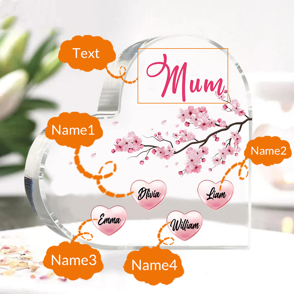 4 Names - Personalised Acrylic Heart Keepsake Custom Text Peach Blossom Ornaments Gifts for Grandma/Mother-Jessemade AU