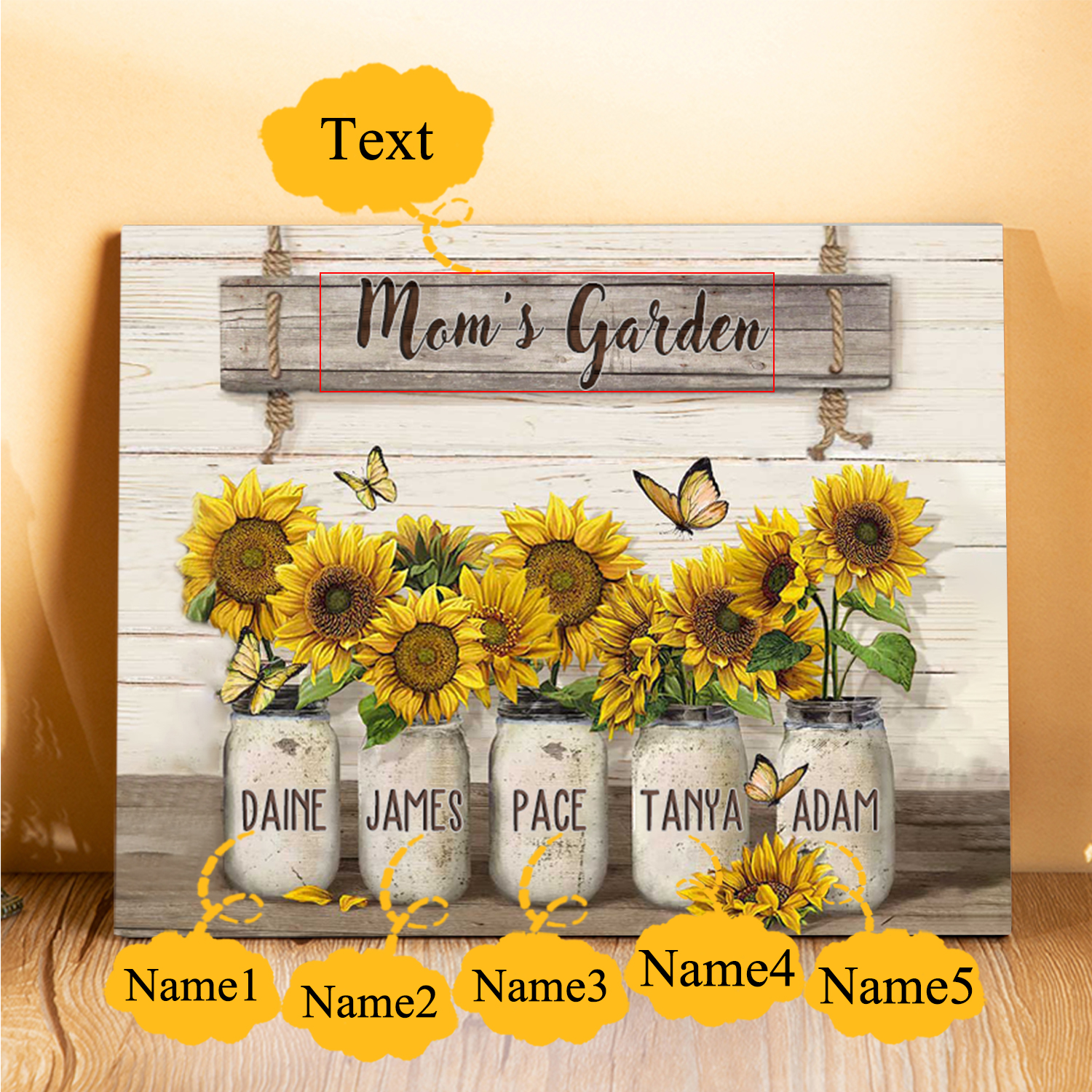 5 Names - Personalised Wooden Plaque Sunflowers Customised with Text Home Decoration Gift for Mother/Grandma-Jessemade AU