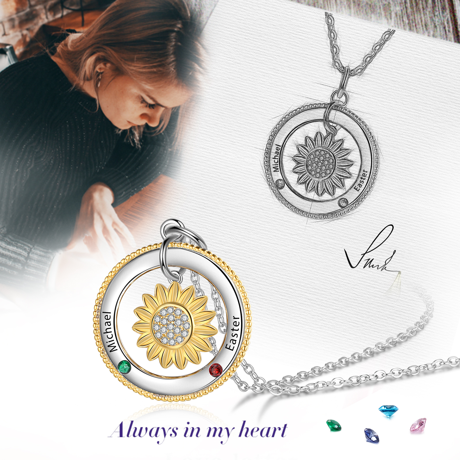 Personalised Sunflower Necklace With 2 Birthstones Engraved Names Necklace Gift For Women-Jessemade AU