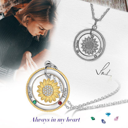 Personalised Sunflower Necklace With 2 Birthstones Engraved Names Necklace Gift For Women-Jessemade AU