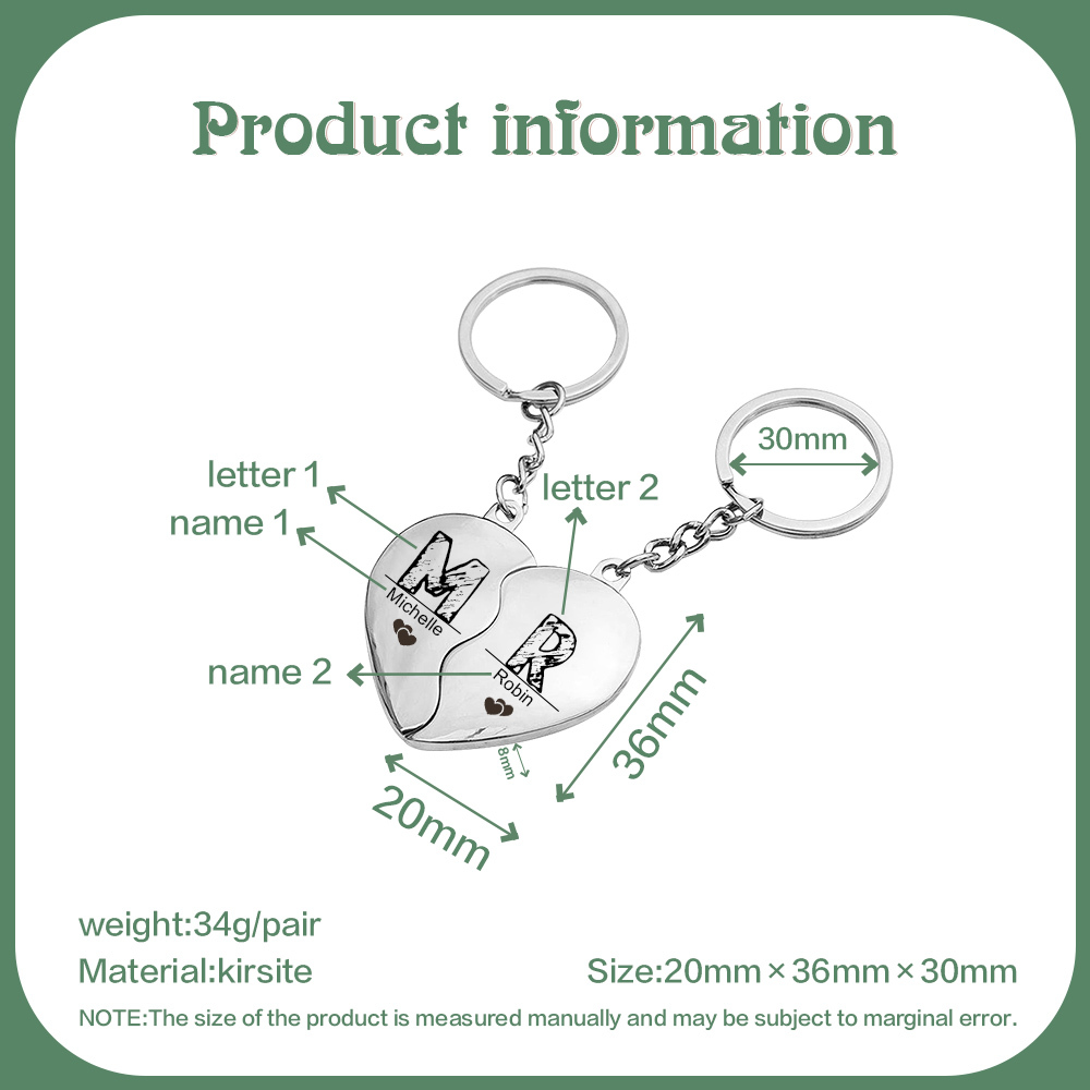 Personalised Heart Keychain Set Custom 2 Names & 2 Letters Couple Matching Keyring Valentine's Day Gifts For Couples-Jessemade AU