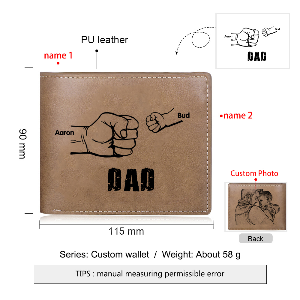 2 Names - Personalised Men Leather Wallet Custom Photo & Name Folding Wallet Fist Bump Wallet Gift for Dad-Jessemade AU