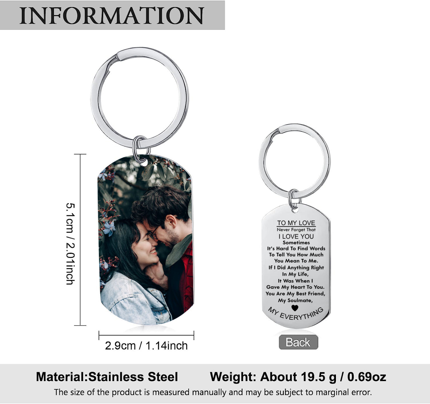 To My Love/Man Couple Keychain Custom Photo Stainless Steel Keyring Valentine's Day Gift for Couples-Jessemade AU