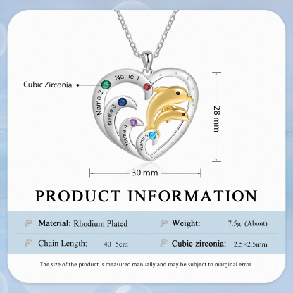 Personalised Heart Dolphin Pendant Necklace Custom 5 Birthstones Engraved 5 Names Necklace Gift for Her-Jessemade AU